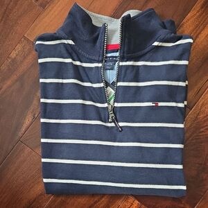 Tommy Hilfiger Blue and White Striped Zip-Up Sweater